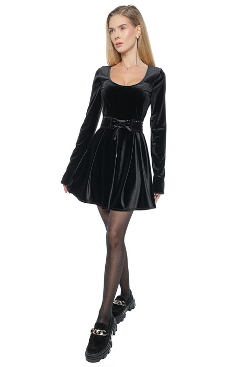 Rochie cu pliuri si centura, Muse Mark, Catifea, Negru, Negru