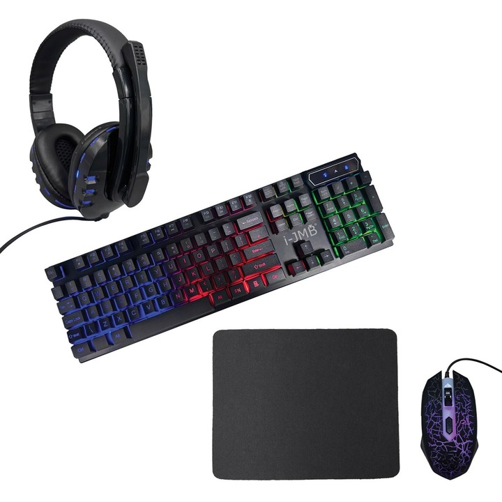 Set Gaming Multicolor, i-JMB, Tastatura LED, Mouse Ergonomic DPI 2400, Casti Sunet HD 360º, Mousepad 23.5x20x0.2cm