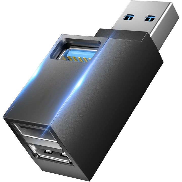 Многопортов мини USB хъб 1x USB 3.0, 2x USB 2.0, удължителен адаптер за USB сплитер, sundiguer, черен