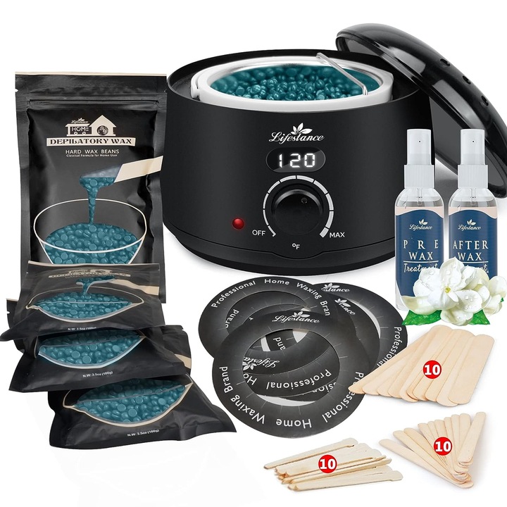 Lifestance szőrtelenítő készlet, digitális viaszmelegítő, 4 viaszzacskó, 42 kiegészítő, minden hajtípushoz, többszínű
