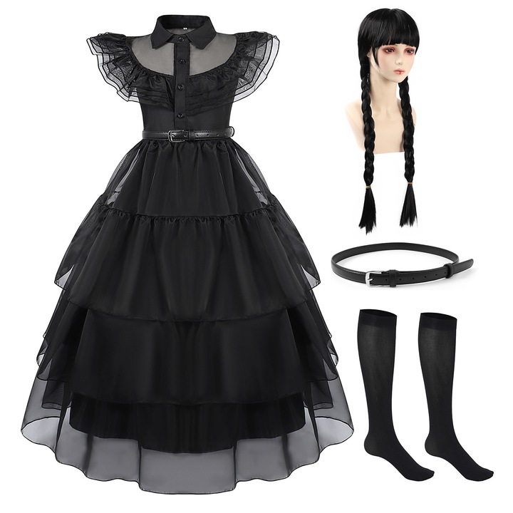 Costum Cosplay pentru fete Wednesday Addams Dress, Party Chili®, Paste, Craciun, Halloween, Poliester, Sosete pana la coapsa cu peruca in talie, Negru, 150cm