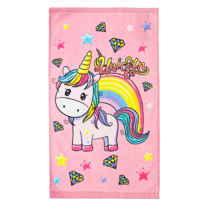 Prosop din Bumbac Roz Unicorn Curcubeu Diamante 30x50cm