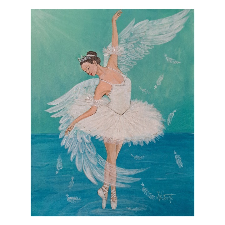 Tablou pictat manual, Balerina, pictura 40x50 cm acrilic pe panza, gata de expus pe perete