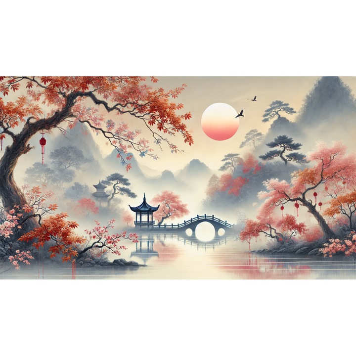 Tablou Canvas living, Peisaj in Japonia, ceata, pasari munti, lac, padure, flori, natura 90 x 50 cm