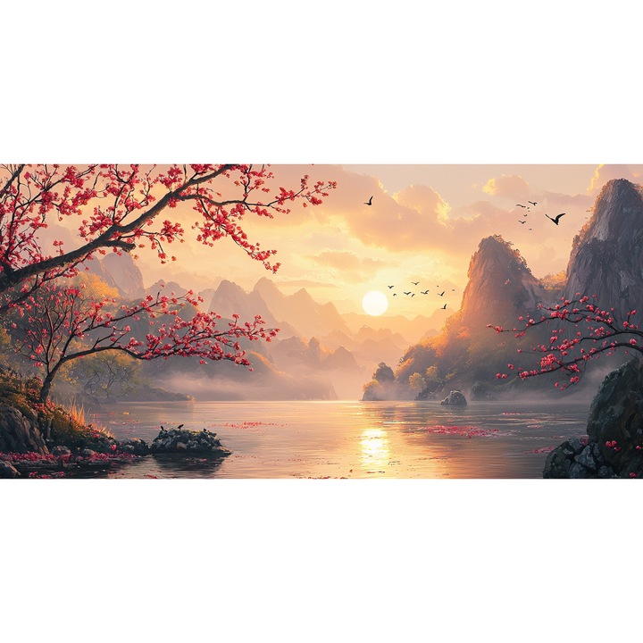 Nappali Vászonfestmény, Táj Japánban, hegyi madarak, napfelkelte a tavon, erdő, virágok, természet 90 x 40 cm