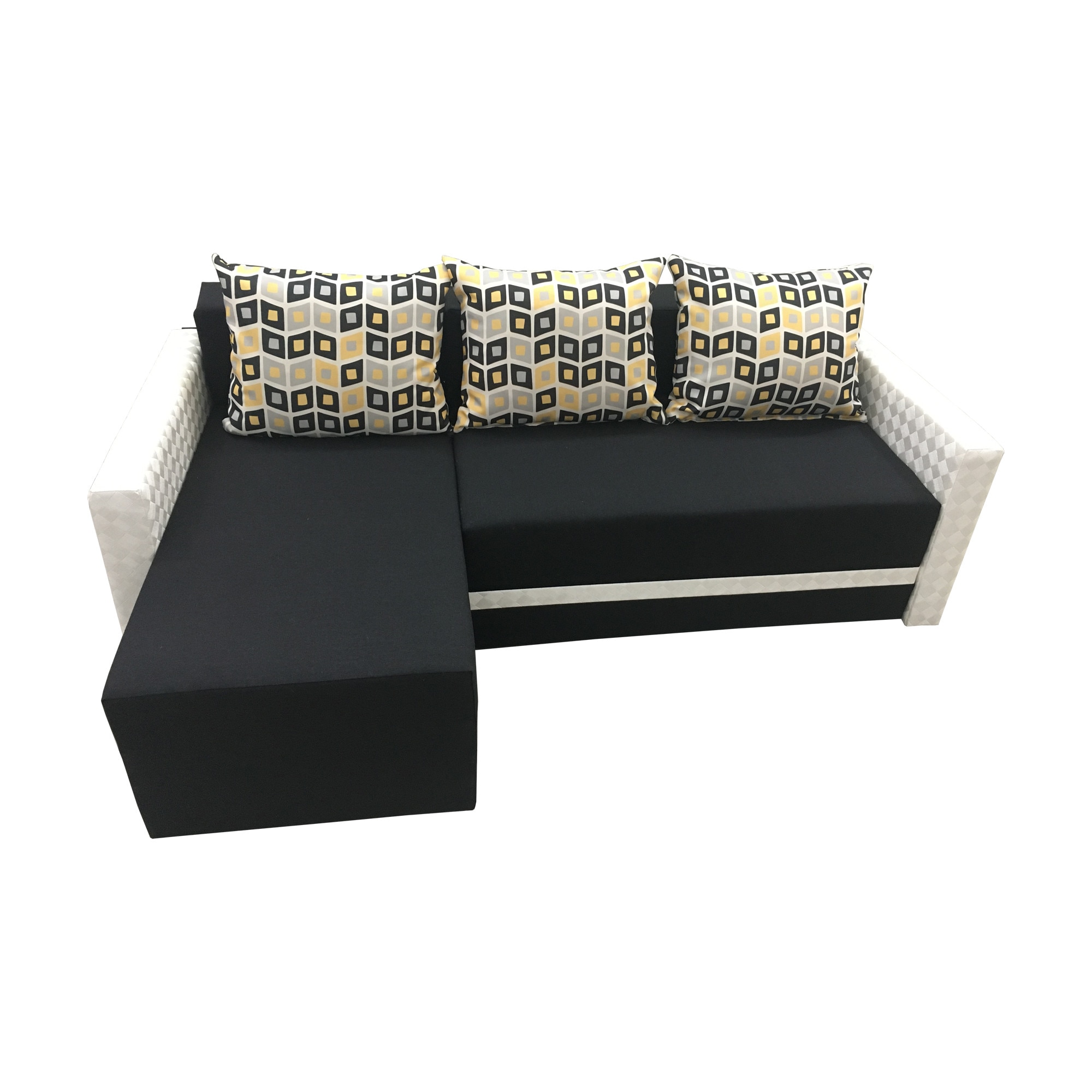 Coltar extensibil Ecoline, MobAmbient, Negru, material textil si imitatie de piele, extensie 140 cm din plasa de arcuri tip relaxa, 1 lada de depozitare, 3 perne mari incluse, 220 x 140 cm