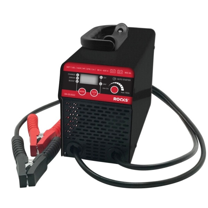 Redresor auto Rooks cu functie de pornire 12V/24V, 80A, 600A, LCD, cabluri 2.1 m