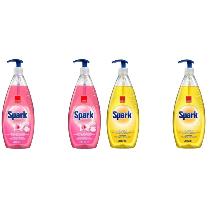 Set Sano Variety 4 x Componente, 2 x Detergent Vase 700ml Spark Flori Migdale, 2 x Detergent Vase 700ml Spark Lamaie, rapid si eficient, usor de aplicat, testat dermatologic, prospetime de lunga durata, elimina mirosuri neplacute