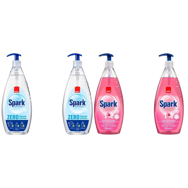 Set Sano Variety 4 x Componente, 2 x Detergent Vase 1L Spark Zero, 2 x Detergent Vase 700ml Spark Flori Migdale, rapid si eficient, usor de aplicat, testat dermatologic, prospetime de lunga durata, elimina mirosuri neplacute