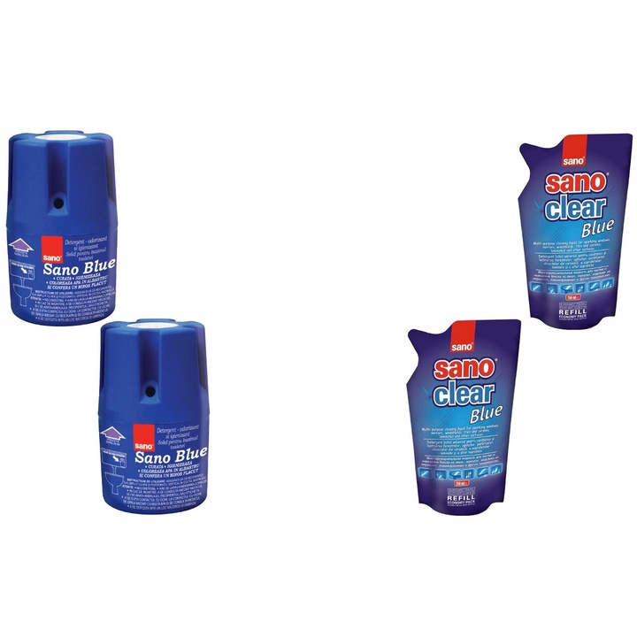 Set Sano Variety 4 x Componente, 2 x Odorizant Wc Bazin 150G Blue, 2 x Solutie Geam Rezerva 750ml Blue, rapid si eficient, usor de aplicat, testat dermatologic, prospetime de lunga durata, elimina mirosuri neplacute