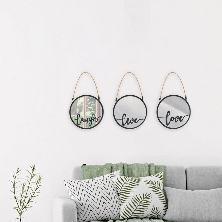 Set 3 oglinzi Ramdeco, imprimeu Love Live Laugh, negru, 25cm