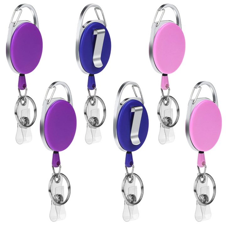 6 db visszahúzható kulcstartó készlet karabinerrel, személyi igazolvány tartóval, 3 cm x 4 cm x 5 cm, többszínű