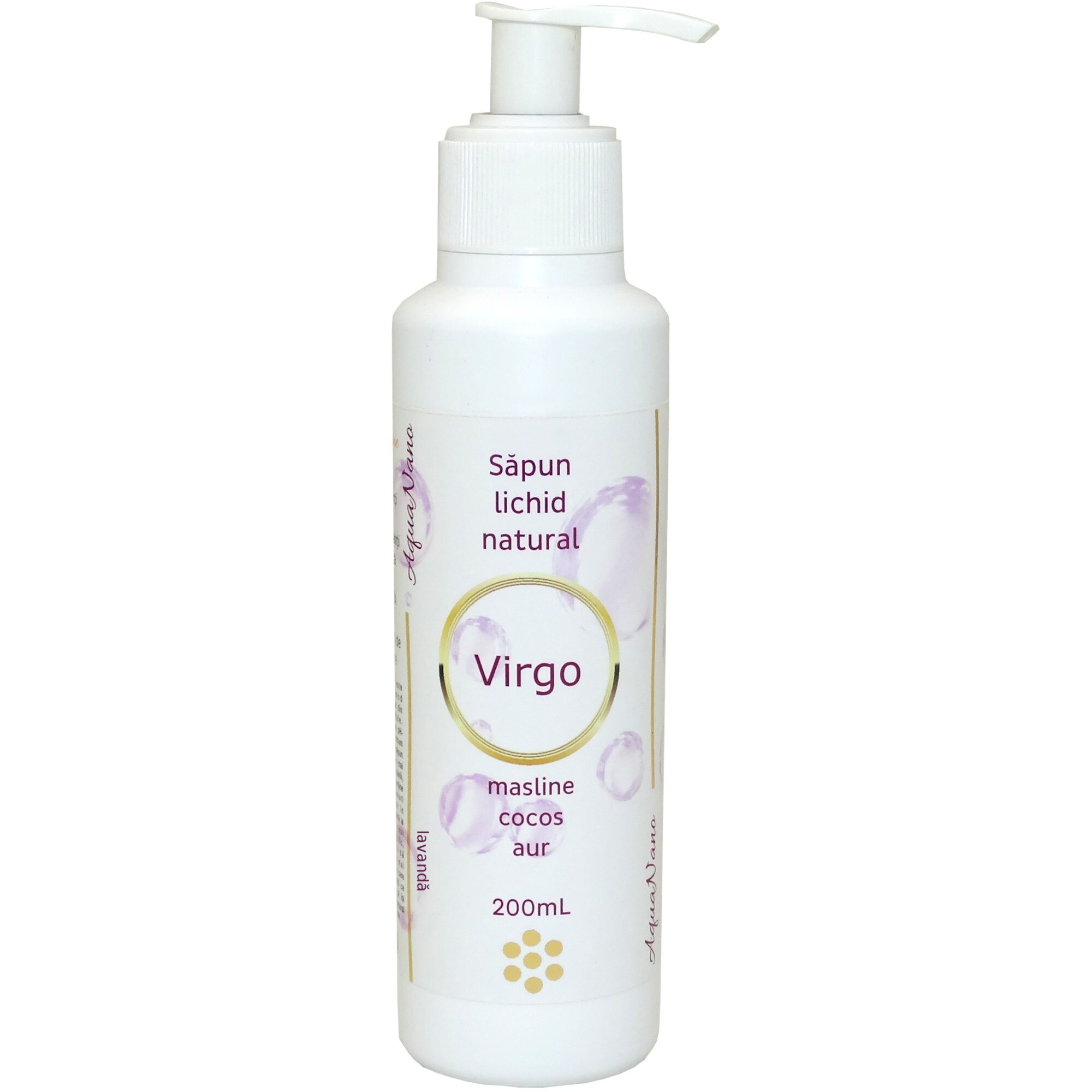 Sapun lichid natural cu aur coloidal, AquaNano Virgo, cu ulei esential de lavanda, 200ml