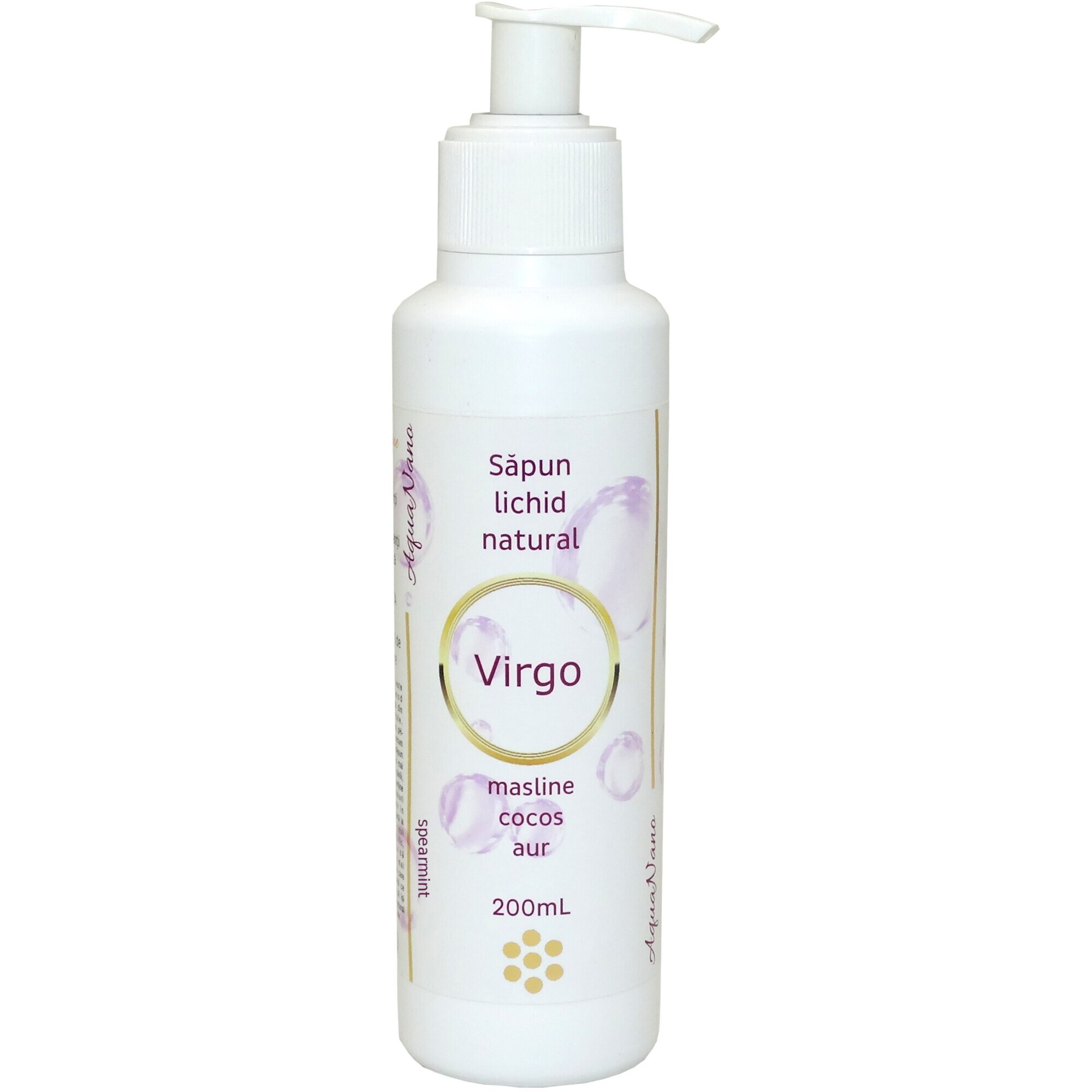 Sapun lichid natural cu aur coloidal, AquaNano Virgo, cu ulei esential de spearmint, 200ml