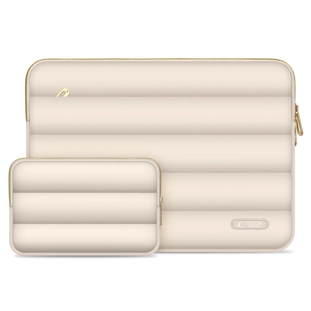 Husa pentru laptop Tech-Protect Puffy 13-14inch, set cu mini geanta pentru accesorii, bej, spuma/plus