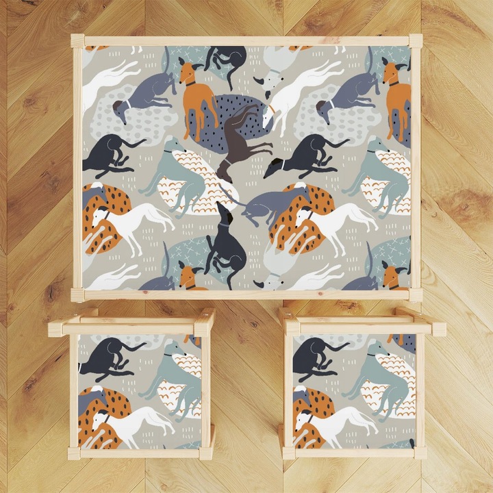 Set autocolante pentru masa si scaune Wallvy, 3 bucati, abstract, PVC, 59.5x44.3cm, 24x24cm