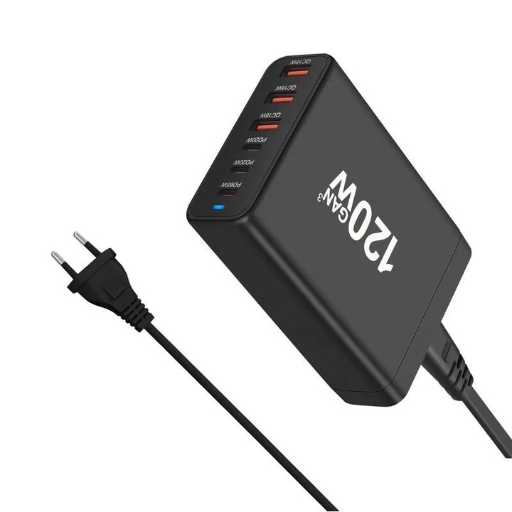 Захранваща станция G-B36 с 6 порта, 120 W, USB + Type-C, адаптер + кабел за щепсел EU, черен