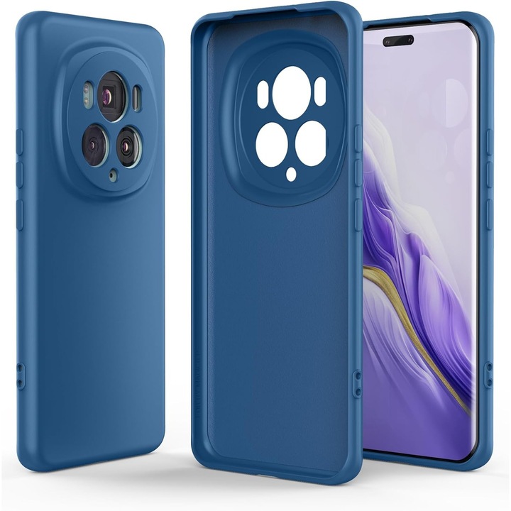 Калъф за Honor Magic 6 Pro, течен силикон, с микрофибър от вътрешната страна, защита против удар, съвместим с безжично зареждане, син