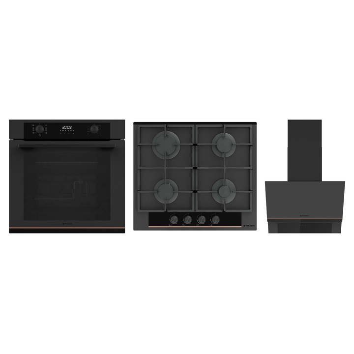 Pachet Pyramis Trio Copper Line 2080 Electronic Black Glass, cuptor electric, plita gaz si hota decorativa, 9 functii, clasa A, 72 l, butoane retractabile, Soft Close, Rotisor, ghidaje telescopice, 4 arzatoare, gratare fonta, finisaj sticla neagra mata