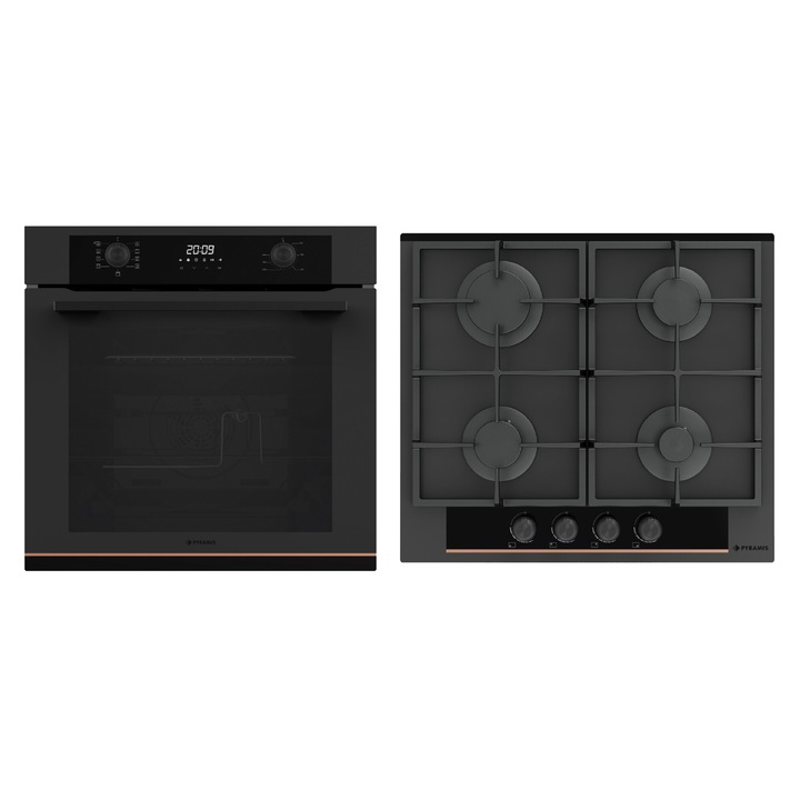 Pachet Pyramis Duo Copper Line 2080 Electronic Black Glass, cuptor electric si plita gaz, 9 functii, clasa A, 72 l, butoane retractabile, Soft Close, Rotisor, ghidaje telescopice, 4 arzatoare, gratare fonta, finisaj sticla neagra mata