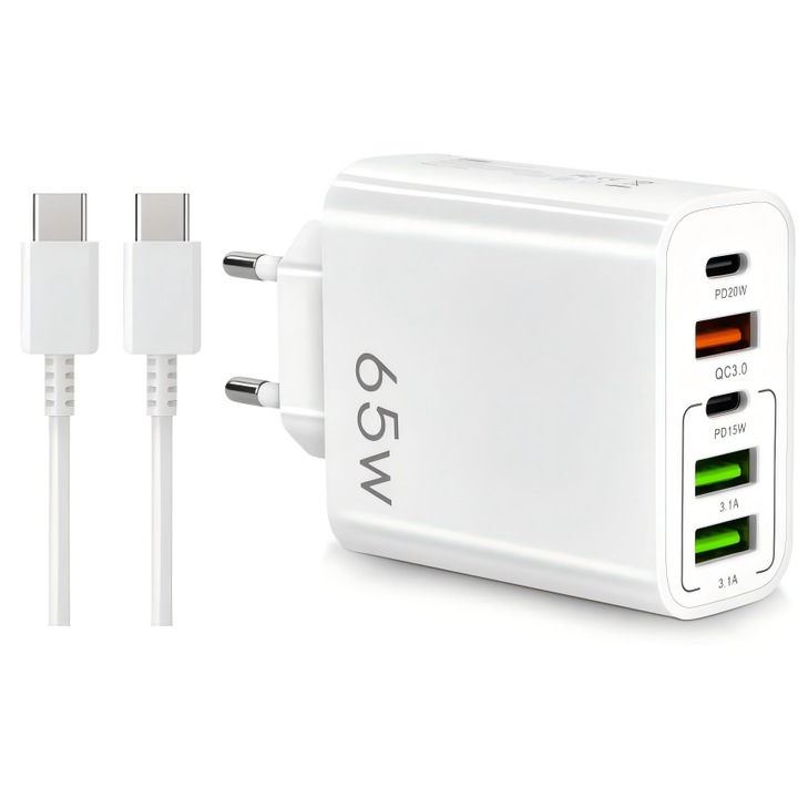 Зарядно, 5 порта, Мрежово, 65W, 3xUSB, 2xType-C, бяло, с 1m кабел