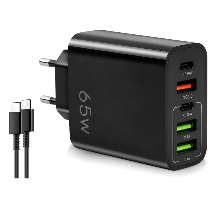 Hálózati töltő, 5 port, 65 W, 3 x USB, 2 x Type-C, fekete, 1 méteres kábellel