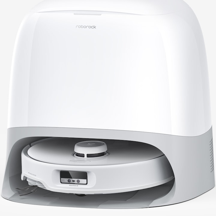 Прахосмукачка-робот Roborock Qrevo Curv RSD0712CE със станция за зареждане, 18500 pa, прахосмукачка, моп и смарт станция с автоматично изпразване, 66W, Lidar, 5200mAh батерия, AdaptLift, гласов асистент, въртящ се моп, бял