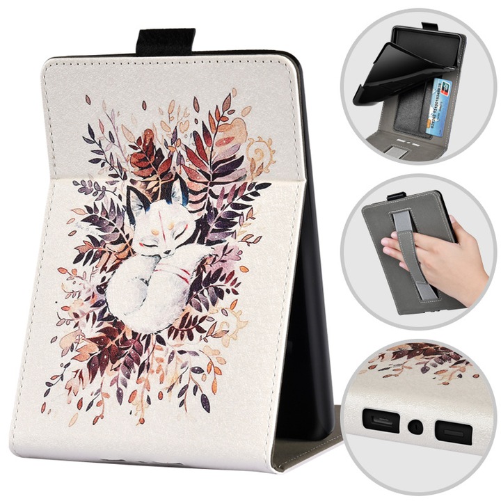 Husa pentru Kindle Paperwhite 2018 / 4 / 3 / 2 / 1, SINSELET, 6 inch, cu maner si slot pentru carduri, trezire automata si somn, vulpea adormita