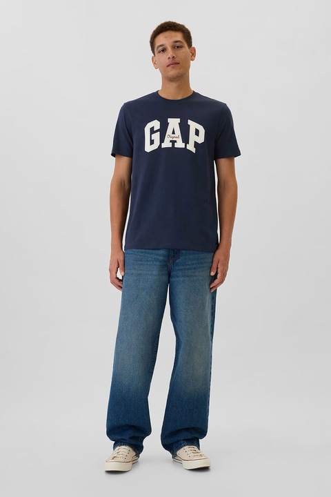 GAP, Tricou cu logo pe piept, Alb fildes/Bleumarin