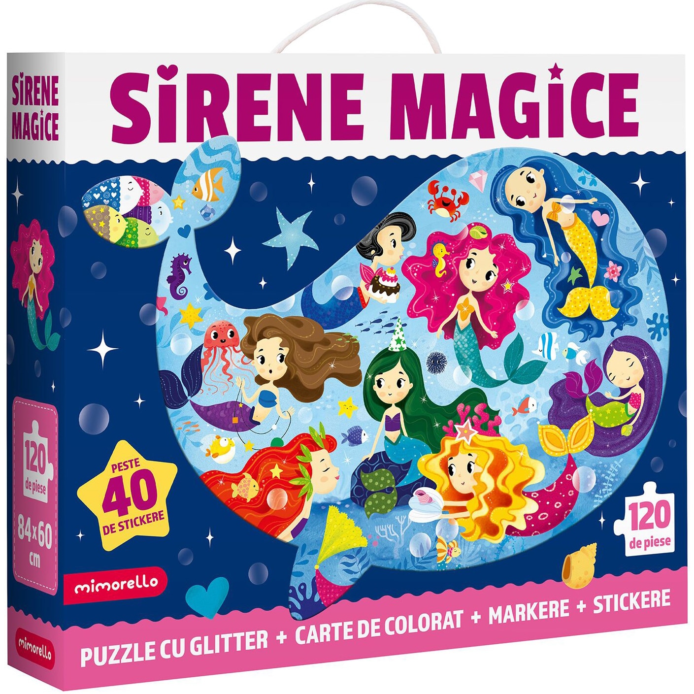 Puzzle cu glitter Mimorello - Sirene Magice, 120 piese, cu carte de colorat, 6 markere si stickere