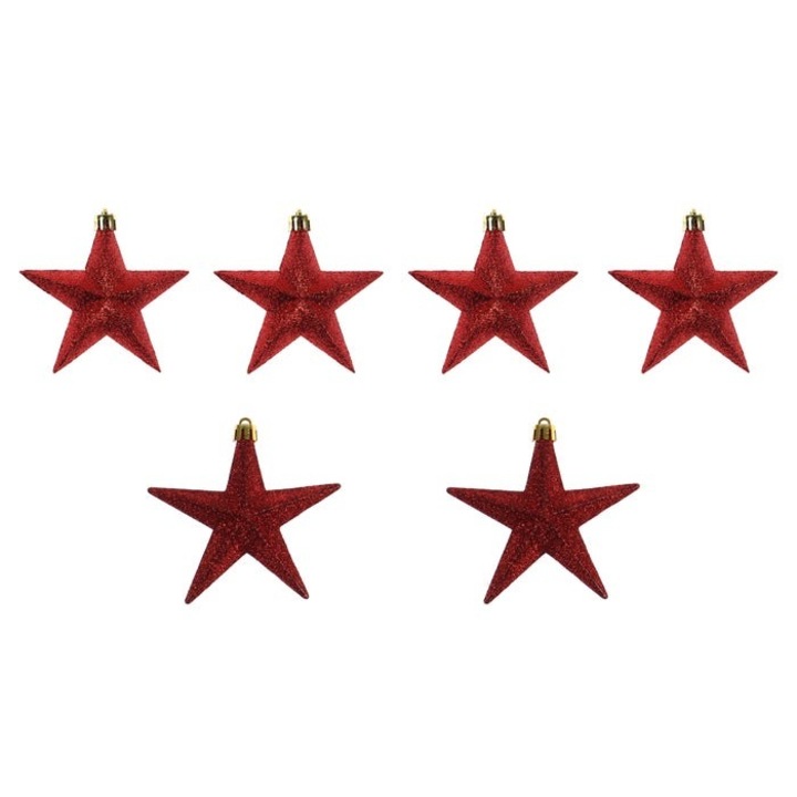 Set 6 globuri de Craciun Antbro® sub forma de stele rosii cu glitter, din plastic, 9cm