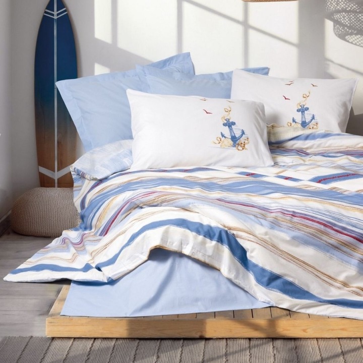 Lenjerie pat dublu cu dungi, bumbac 100% ranforce, 240 x 260 cm, 4 piese, Cotton Box, Moreno Bleu