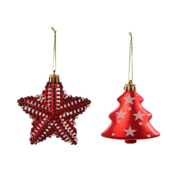 Antbro® 2 darabos karácsonyi gömb szett, csillag és fenyőfa alakú, piros/fehér, 8.5-7cm