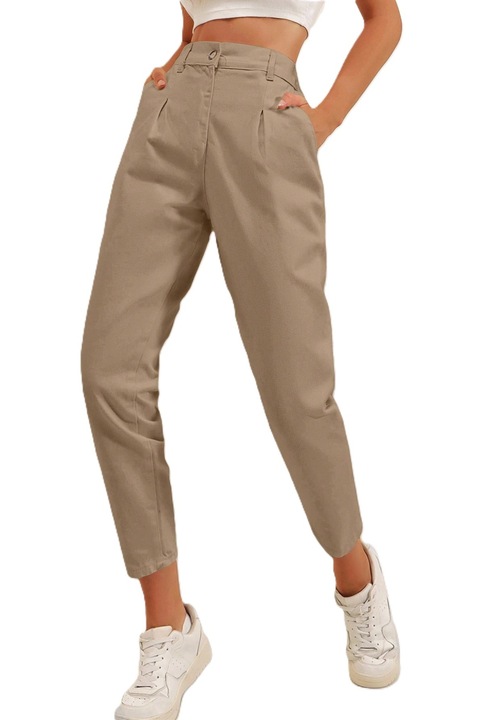 Pantaloni Dama, Cropped, Croiala Mom-Fit Cu Buzunare Oblice, Apricot