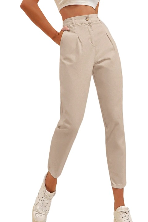 Pantaloni Dama, Cropped, Croiala Mom-Fit Cu Buzunare Oblice, Bej