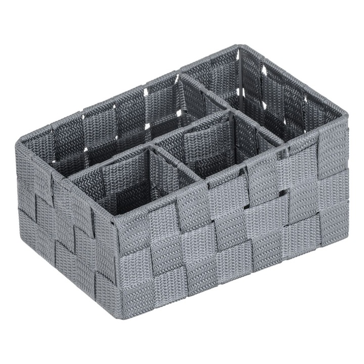 Cos Depozitare, Model Ratan, 4 Compartimente, Culoare Gri, Dimensiuni 20x14x10/8 cm