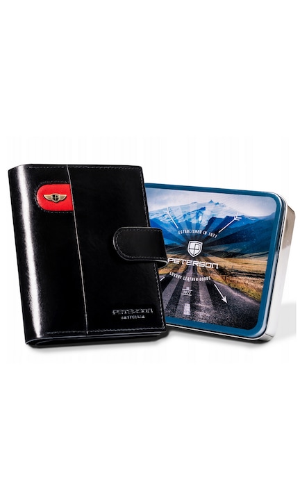 Мъжки портфейл, Peterson, 13x11x2.5 см, Естествена кожа, Закопчаване с копче, RFID защита против кражба, Подходящ за регистрационен талон, Черен