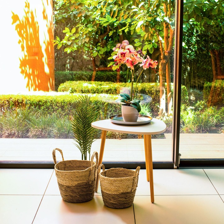 Кошница за съхранение, естествена, кръгла, с дръжки, бежово-кафява, диаметър 26 см, височина 22 см