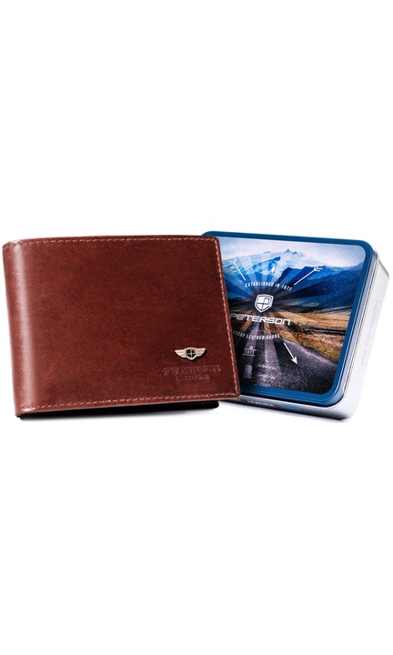 Férfi pénztárca, Peterson, Valódi bőr, Záródás nélküli, 8 zsebes, RFID, 8,5 x 11,5 x 2,5 cm, Barna