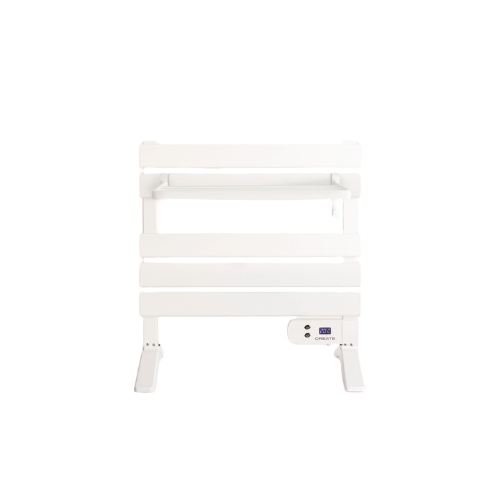 CREATE elektromos fürdőszobai radiátor, Warm Towel Mini, törölközőtartó, hőmérséklet 40°C, digitális vezérlőpanel, falra szerelhető, 8 órás időzítő, alacsony fogyasztás, lábakkal és polccal, alumínium anyagú, fehér
