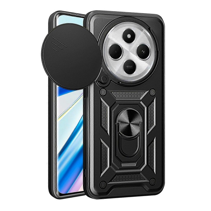Кейс за Xiaomi Redmi 14C, Optim Solution, Плъзгащ механизъм, Магнитна функция, Camshield Premium Core Protection, 360° въртящ се пръстен, Защита от пръстови отпечатъци, Черен