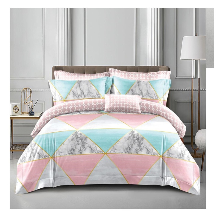 Lenjerie De Pat Bumbac Satinat Cu Elastic - Roz/Marmura