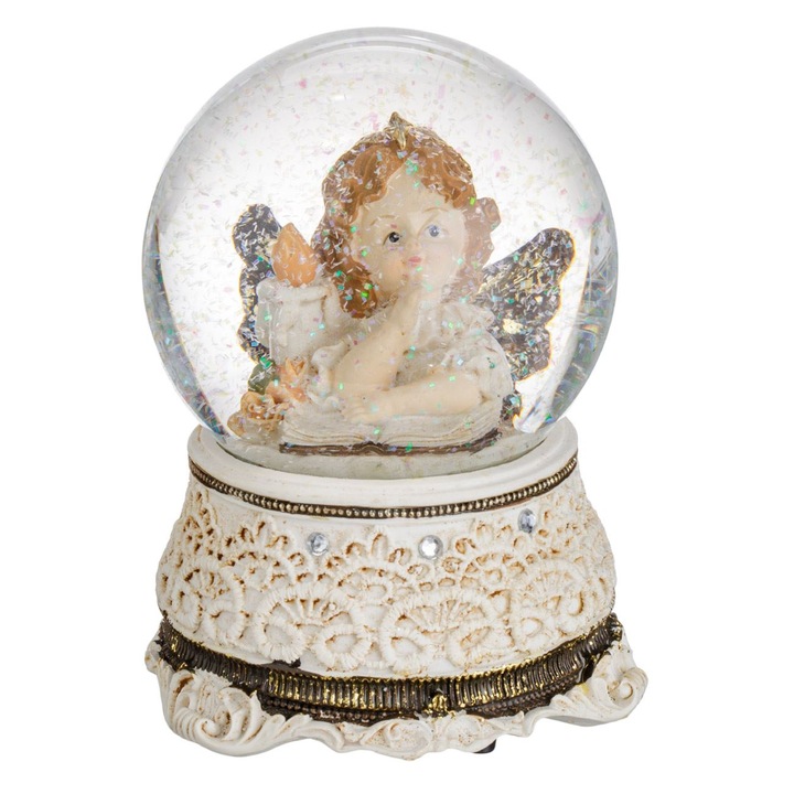 Glob Zapada Craciun Muzical Ingeras Vintage cu Carte si Aripi Baza Dantela Bej 17cm Decoratiune din Sticla Shopiens®