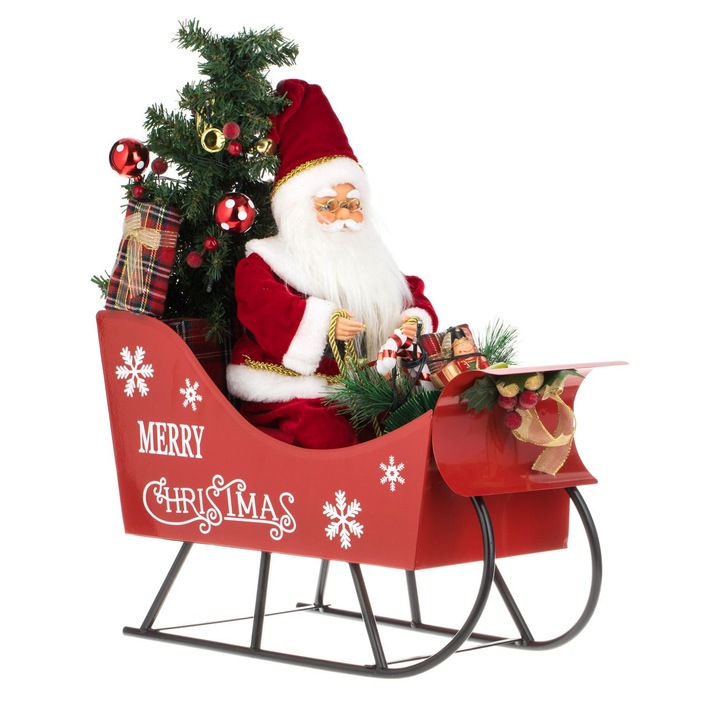 Figurina Decorativa Craciun, Model Sanie cu Mos Craciun, Iluminare LED, Culoare Rosu, Inaltime 49cm