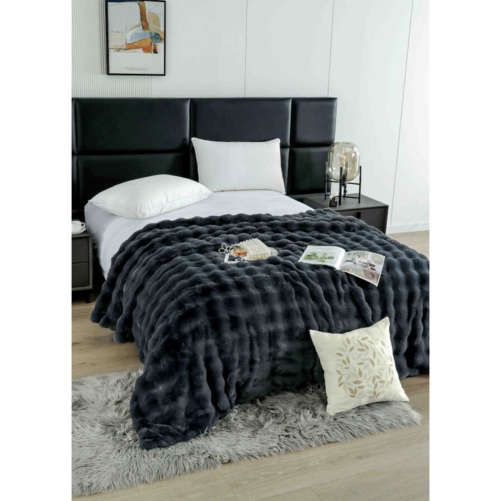 Patura Model Lux, Blana Artificiala Iepure, cu Fermoar, 200x230cm, Uni, Gri Inchis