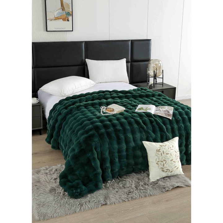 Patura Model Lux, Blana Artificiala Iepure, cu Fermoar, 200x230cm, Uni, Verde Smarald