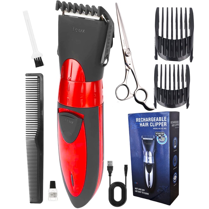 Aparat de tuns Teox 2x pieptene ajustabil, 0.5- 30mm, 5 trepte, 75 min, + Foarfeca Profesionala inox