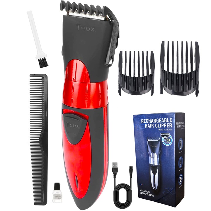 Aparat de tuns Teox 2x pieptene ajustabil, 0.5- 30mm, 5 trepte, 75 min, Autoascutire, Negru/Rosu