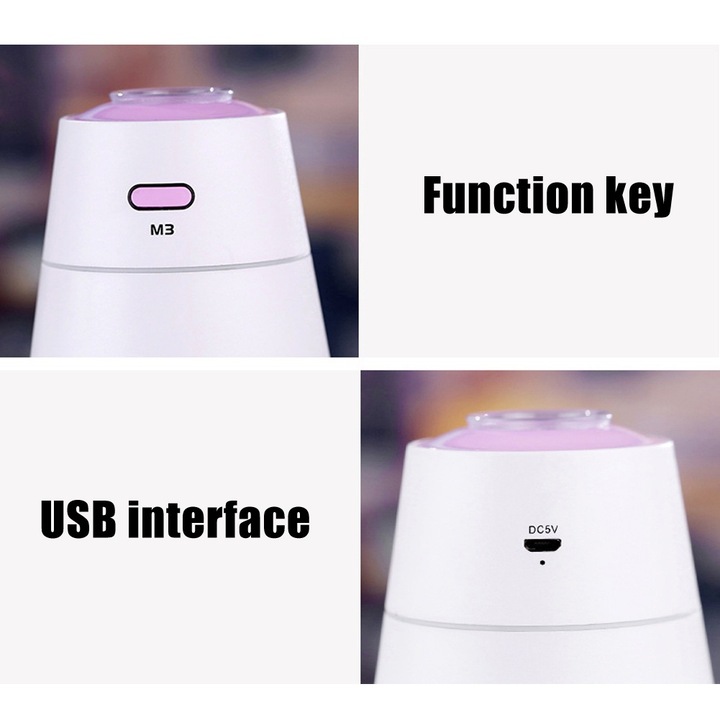 Mini USB párásító, Longziming, lila, 200ml, 2 permetezési mód, 94x94x138mm