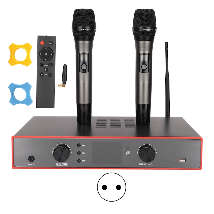 Bluetooth аудио усилвател, Mmgoqqt, 350W, 2 безжични микрофона, черен